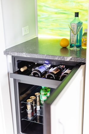 Locally crafted green glass backsplash for built-in drink bar, Classic Craftsman Reborn, Everett, 2021